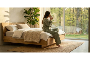 Een vrouw zit tevreden op haar massief houten bed met hoogwaardige pocketvering matras van natuurlijke materialen van Bedaffair