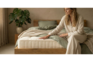 Luxe, natuurlijke slaapkamer ingericht met een handgemaakt circulair matras van bedaffair.