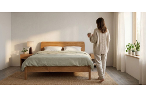 Serene slaapkamer met een massief wild eikenhouten bed en natuurlijk beddengoed van Bedaffair