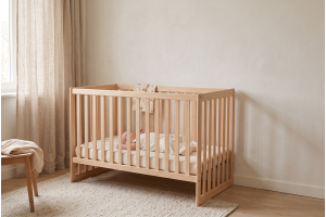 Massief houten ledikant met natuurlijk ledikant matras en katoenen hoeslaken in een lichte babykamer