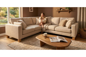 Bank van natuurlijke materialen in een lichte, duurzame woonkamer.