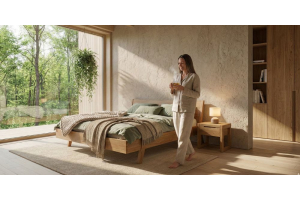 Een gezond en gifvrij matras van Bedaffair in een natuurlijke slaapkamer zonder schadelijke chemische geur en uitwaseming.