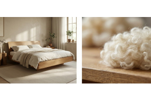 Een 100% natuurlijk matras in een massief eikenhout bed van Bedaffair in luxe Japandi slaapkamer zonder synthetisch schuim en daarnaast een macroshot van een bolletje wol