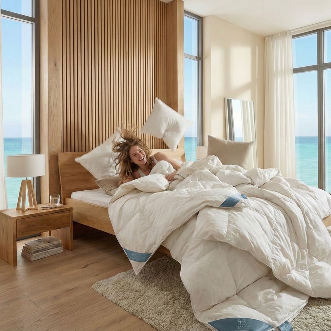 In een Japandi slaapkamer met uitzicht op zee ligt een vrolijke vrouw onder prachtige donzen Bedaffair dekbedden en ze gooit de donzen kussens van Bedaffair omhoog. Ze ligt op het zwevende massief wild eiken Amsterdam bed van Bedaffair.