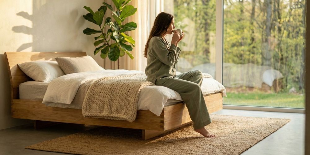 Een vrouw zit tevreden op haar massief houten bed met hoogwaardige pocketvering matras van natuurlijke materialen van Bedaffair