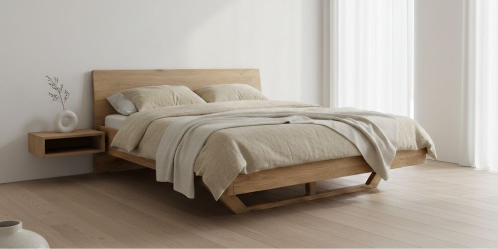 Serene Japandi slaapkamer met een laag massief eikenhouten bed en ongebleekt linnen beddengoed in zandtinten