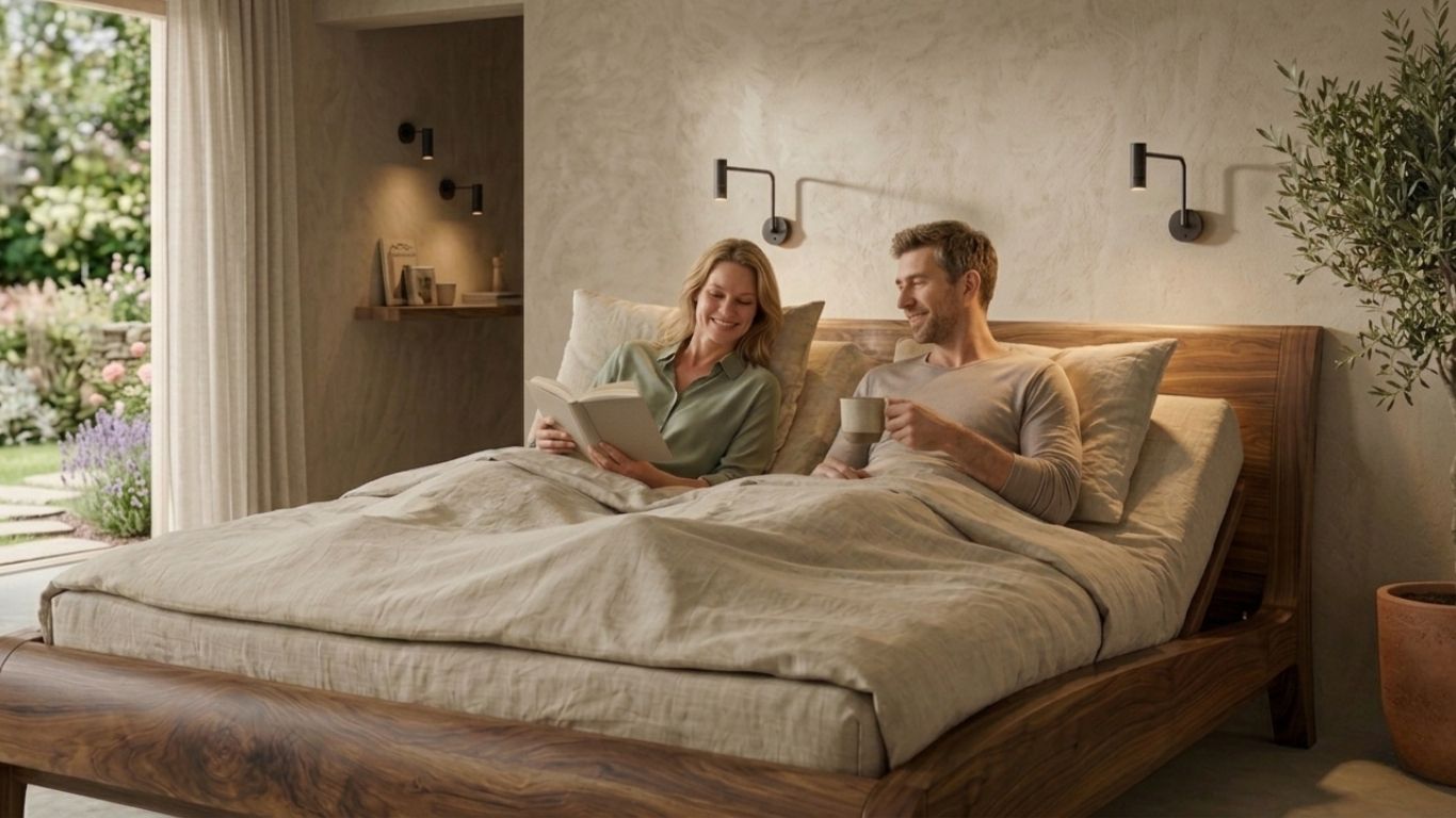 Een stel zit heerlijk in hun natuurlijke bed Beluga in massief walnoten hout van Bedaffair, de elektrische lattenbodem staat omhoog en ondersteunt hun rug zodat zij een boek kan lezen en hij een kop koffie drinkt