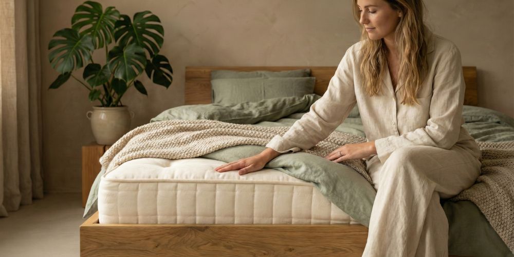 Luxe, natuurlijke slaapkamer ingericht met een handgemaakt circulair matras van bedaffair.