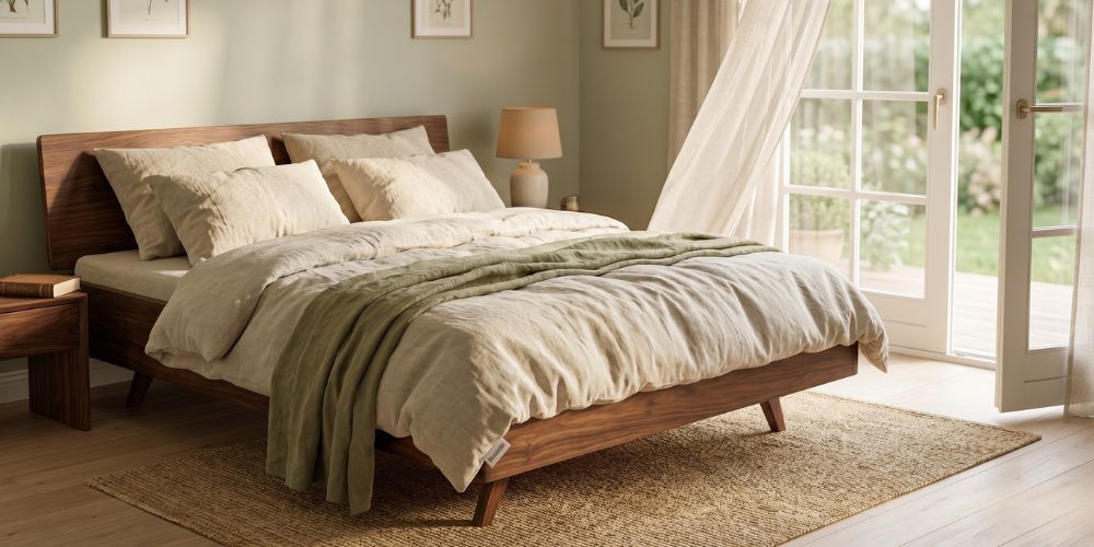 Een metaalvrij massief houten bed van Bedaffair in een natuurlijke en gezonde slaapkamer