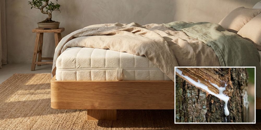 Een prachtig opgemaakt 100% natuurlatex matras in een sfeervolle, natuurlijke slaapkamer van Bedaffair, gecombineerd met puur melksap van de tropische rubberboom.