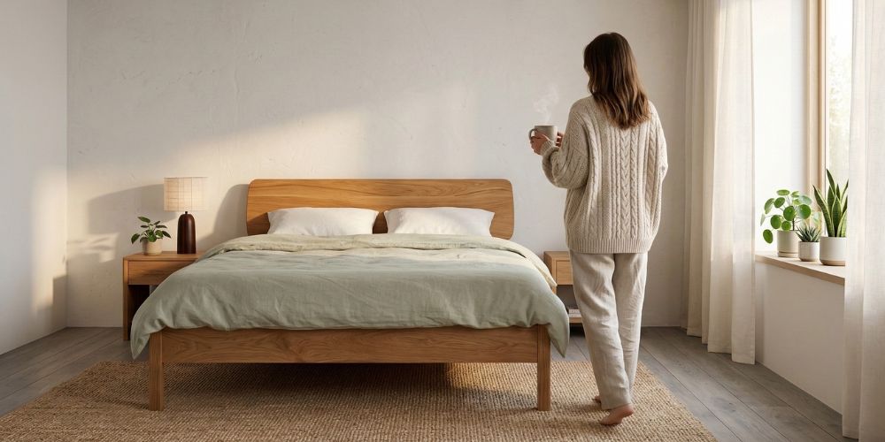 Serene slaapkamer met een massief wild eikenhouten bed en natuurlijk beddengoed van Bedaffair