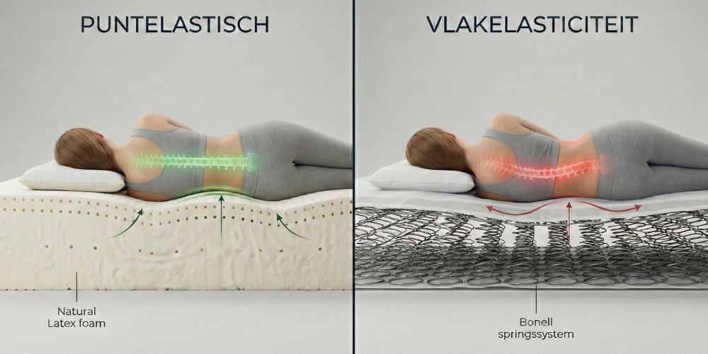 Illustratie ergonomische lighouding: wervelkolom in natuurlijke rechte lijn op puntelastisch natuurlatex versus ongezonde kromming en hangmateffect op vlakelastisch Bonell matras.