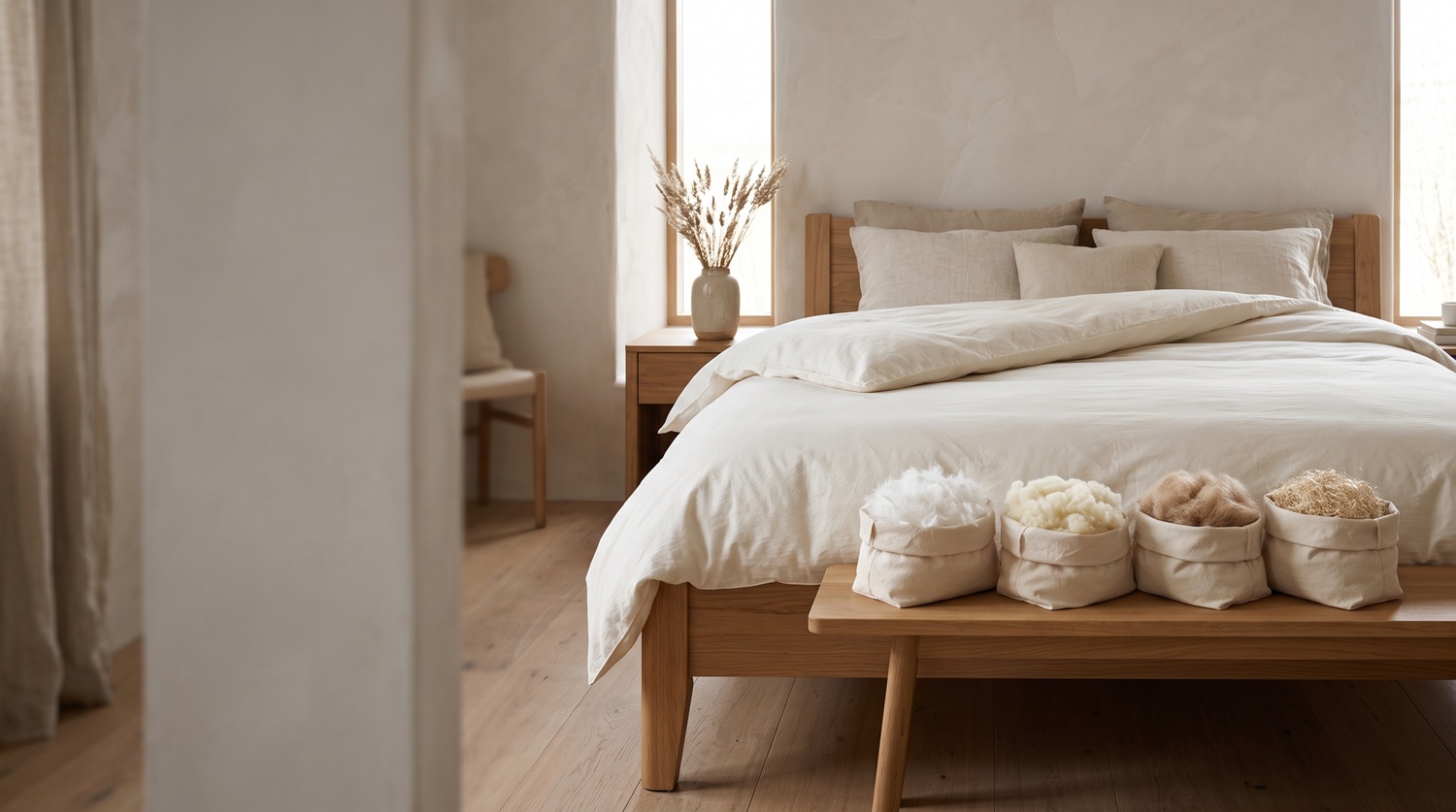 Lichte slaapkamer met natuurlijk dekbed en vullingen van dons, wol, kameelhaar en hennep