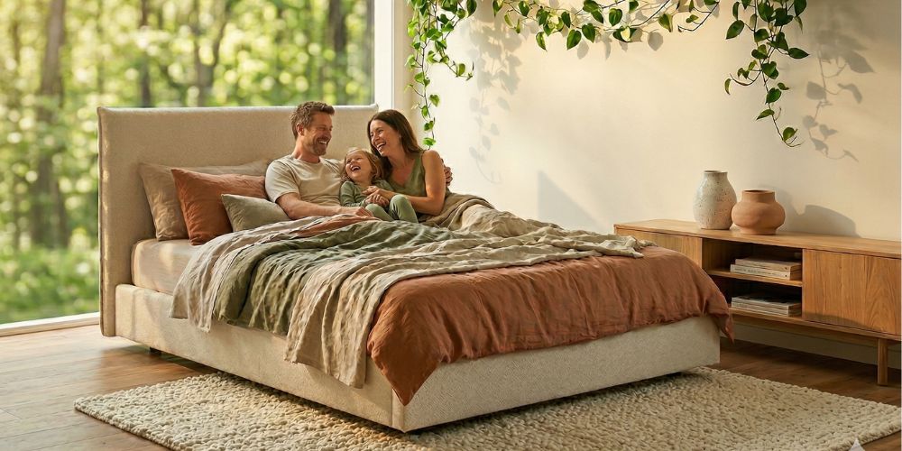 Een blij en zorgeloos gezin liggen in hun PFAS vrije bed van Bedaffair gemaakt van natuurlijke materialen