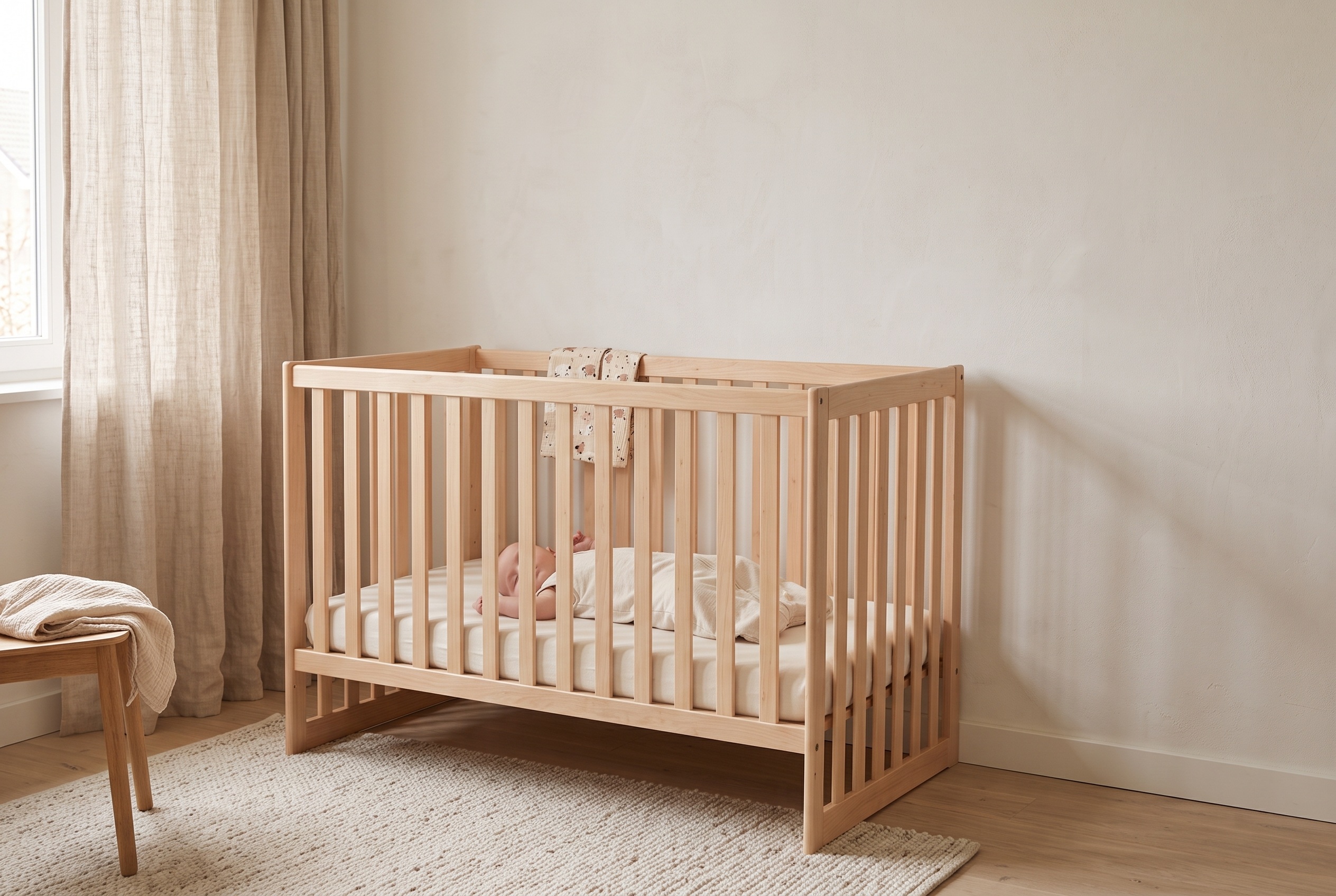 Massief houten ledikant met natuurlijk ledikant matras en katoenen hoeslaken in een lichte babykamer