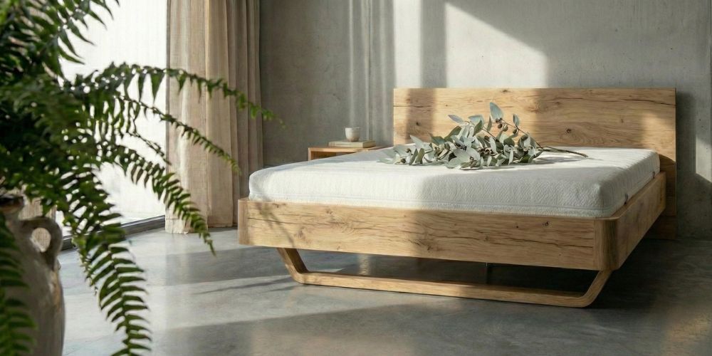 Een tencel matras van natuurlatex in een massief houten bed. Gezond slapen met goede ventilatie.