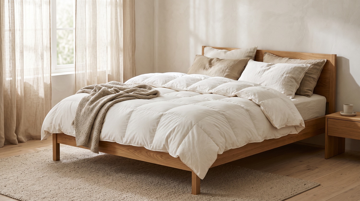 Wit gerecycled donzen dekbed op een massief eikenhouten bed uit de Bedaffair collectie in een lichte slaapkamer