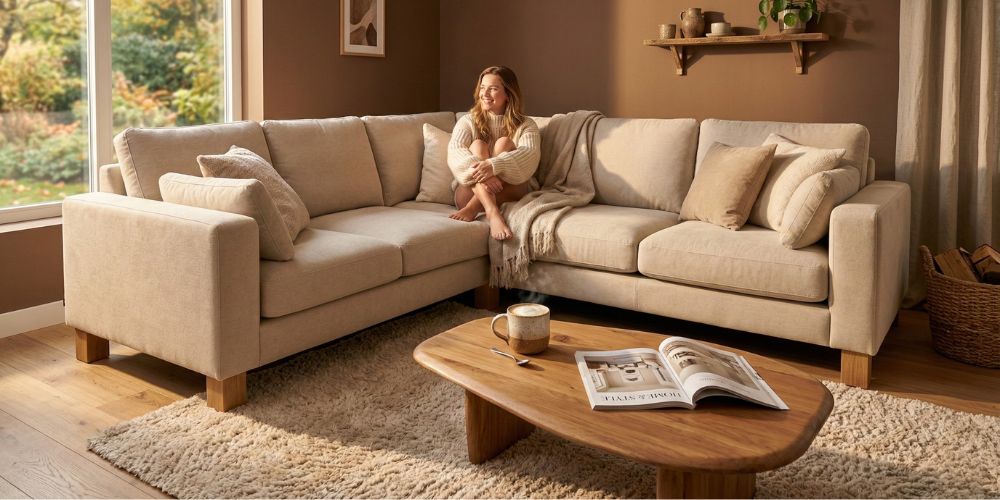 Bank van natuurlijke materialen in een lichte, duurzame woonkamer.