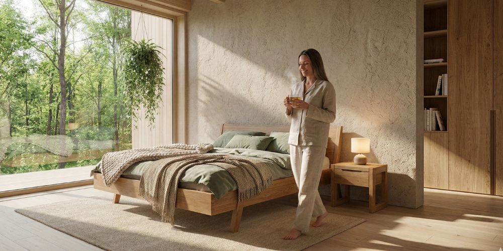 Een gezond en gifvrij matras van Bedaffair in een natuurlijke slaapkamer zonder schadelijke chemische geur en uitwaseming.