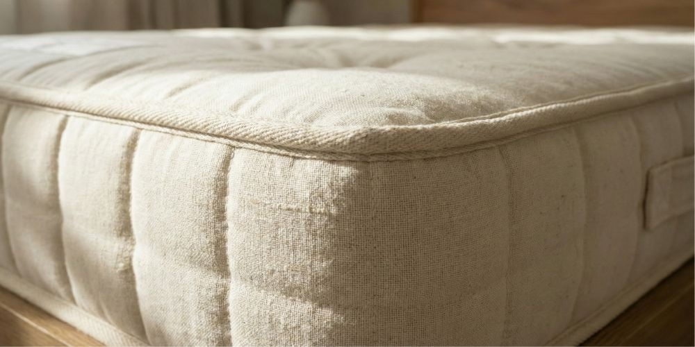 Close-up van de ademende structuur van een Bedaffair matras tijk gemaakt van GOTS-gecertificeerde hennep en biologisch katoen, een voorbeeld van een gezond matras zonder PFAS-behandeling.