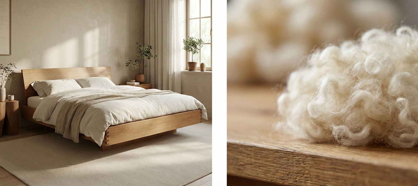 Een 100% natuurlijk matras in een massief eikenhout bed van Bedaffair in luxe Japandi slaapkamer zonder synthetisch schuim en daarnaast een macroshot van een bolletje wol