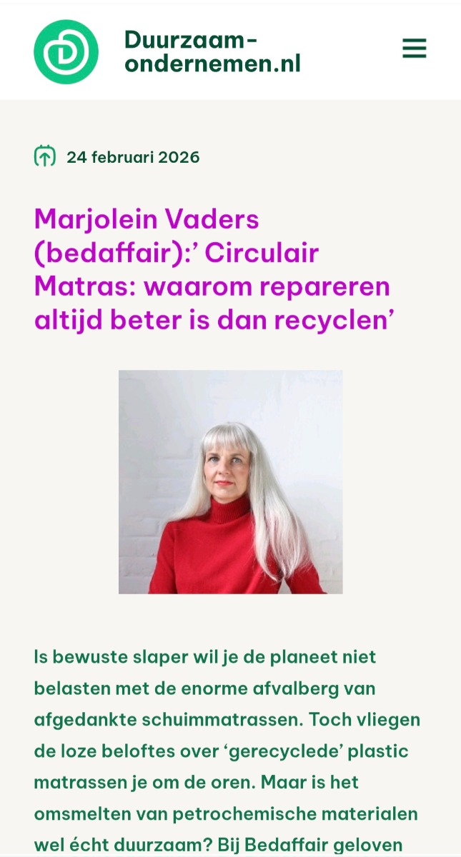 Screenshot van het artikel op Duurzaam Ondernemen waarin Bedaffair uitlegt waarom een circulair matras repareren beter is dan matrasrecycling.