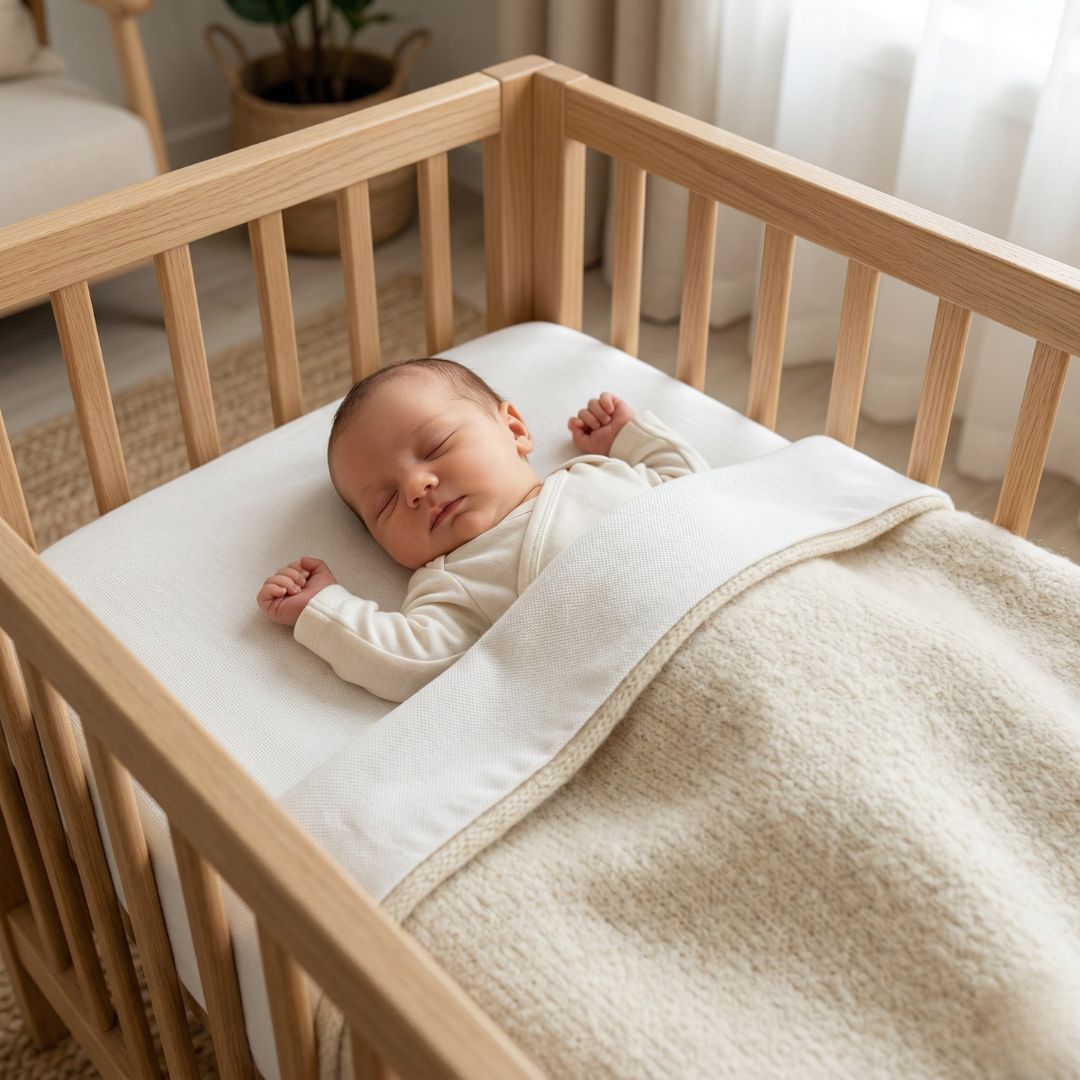 Een baby slaapt veilig op een PFAS vrij matras, PFAS vrije matrasbeschermer van Bedaffair