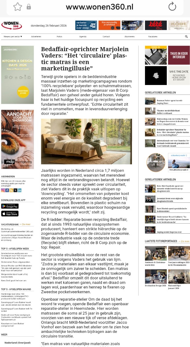 Publicatie op Wonen360 over de marketingillusie van recyclebare polyester matrassen en de kracht van circulaire matrassen.