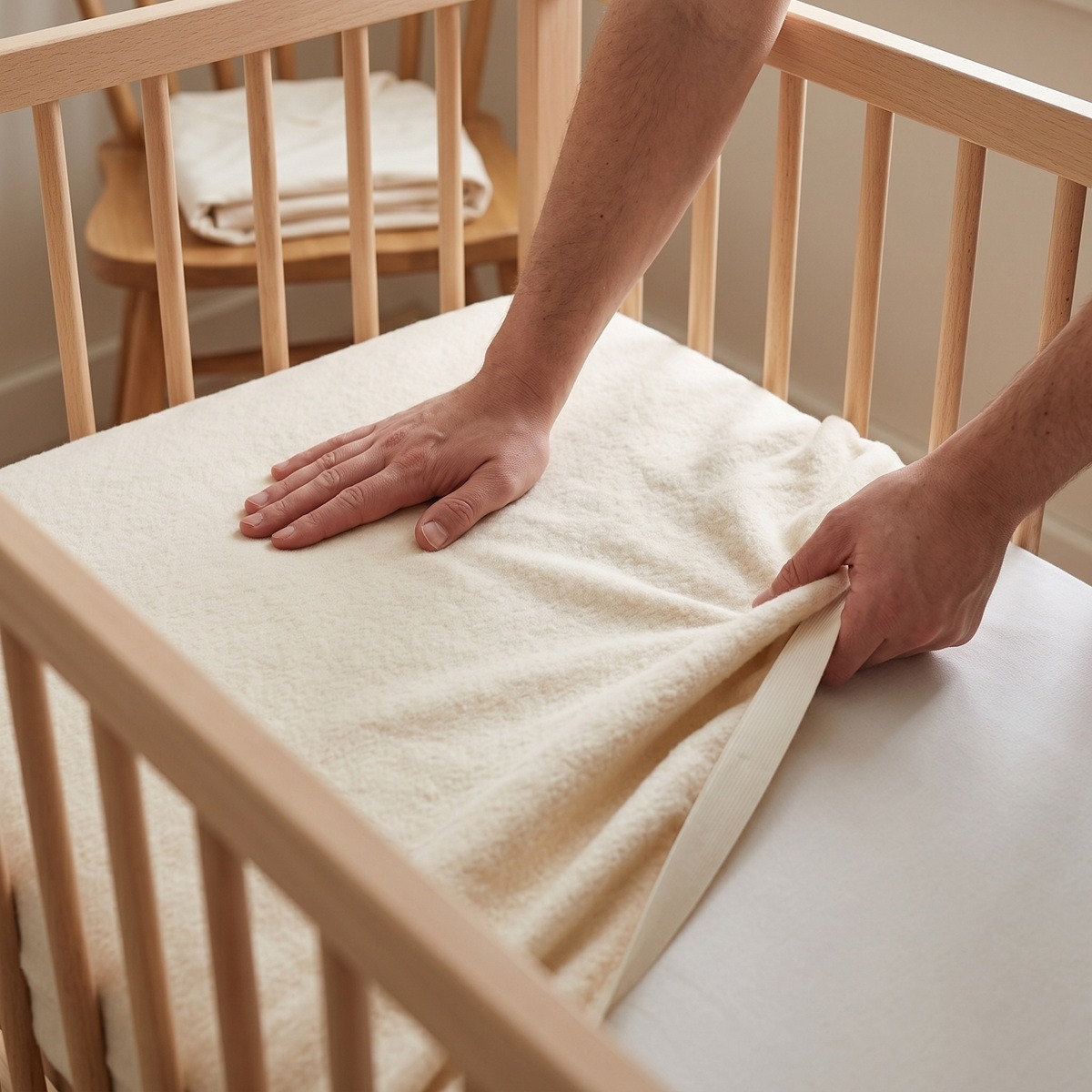 Molton van biologisch katoen wordt over een ledikant matras gelegd