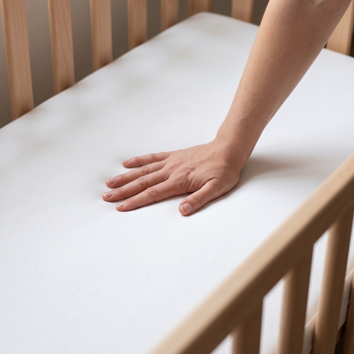 Handtest op een babymatras: een platte hand drukt op de stevige kant van een ledikant matras