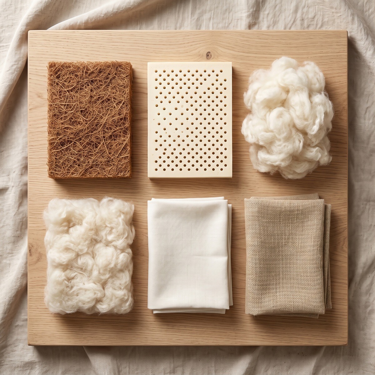 Natuurlijke materialen voor een babymatras: kokoslatex, natuurlatex, biologische wol, katoen en hennep