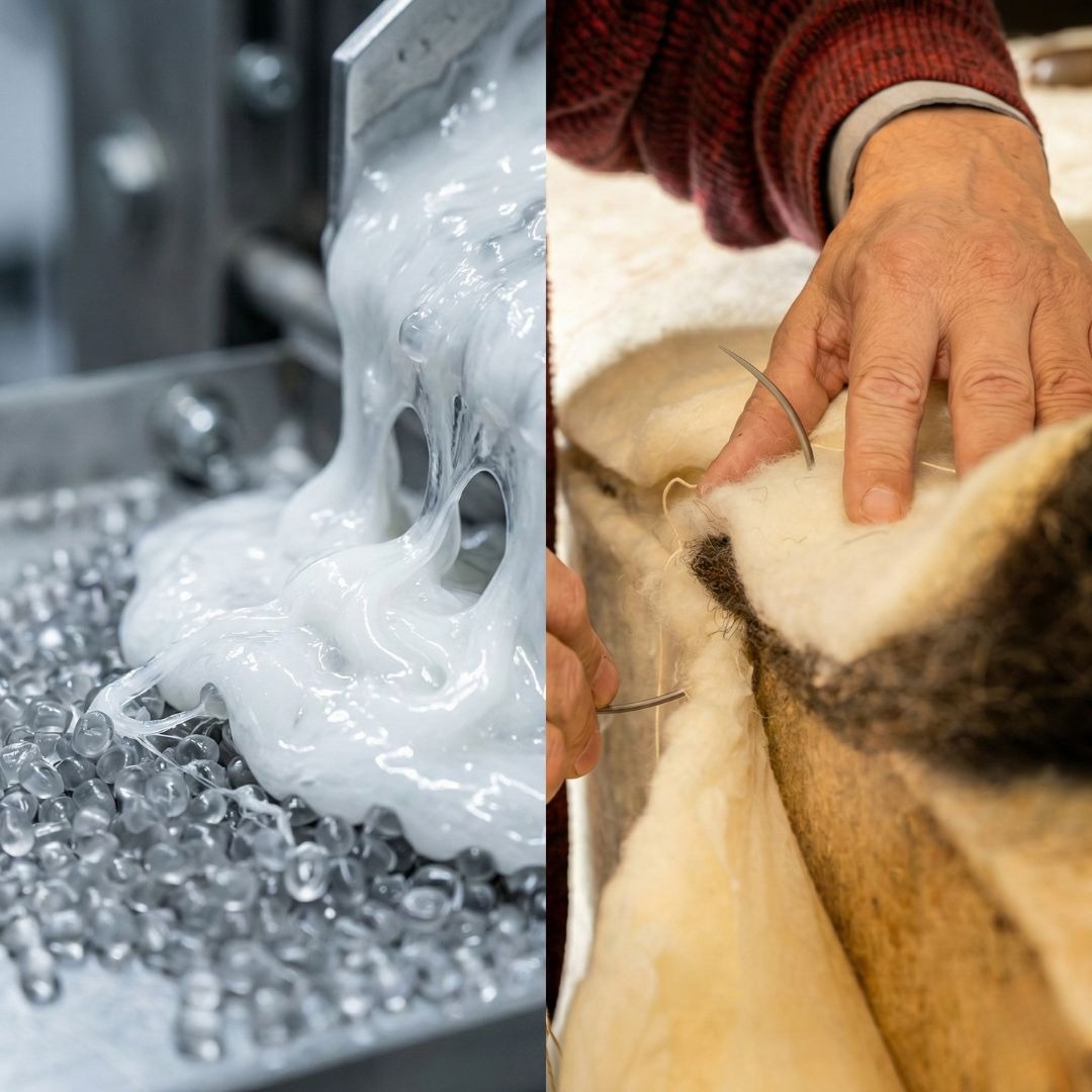 Polyester en staal vs met naald en draad maken van een circulair matras van natuurlijke materiaen 