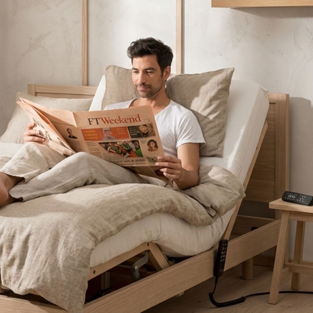 Een Bedaffair pocketvering matras van natuurlijke materialen dat soepel buigt op een elektrische lattenbodem.