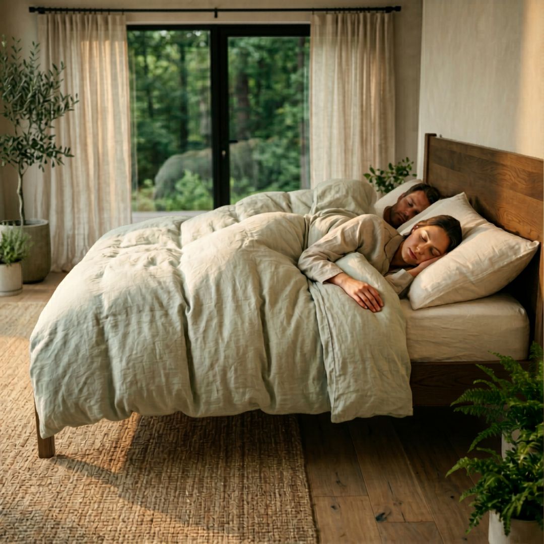 Een stel slaapt heerlijk op een bed van natuurlijke materialen en onder een donzen dekbed van Bedaffair