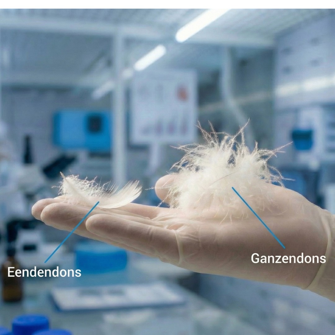 Een hand waarop een eendendons vlok en een ganzendons vlok is te zien en toont het verschil in grootte en textuur, in de foto staat ook de tekst ganzendons en bij de ander vlok eendendons.