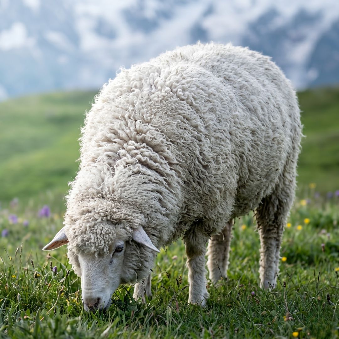 Een schaap in de wei; het ruwe schapenwol is een actief luchtfilter