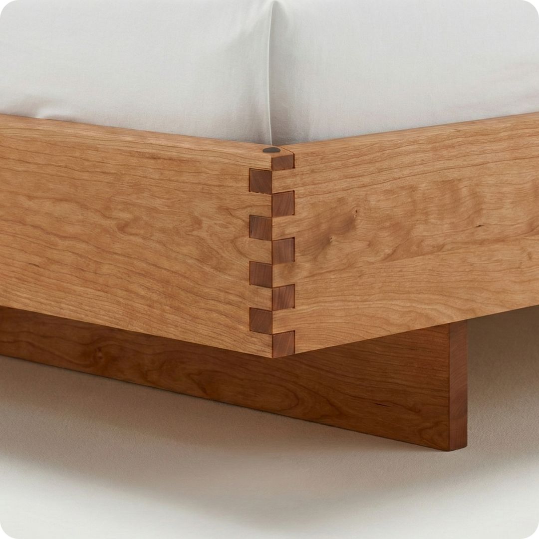 Close-up van een ambachtelijke, metaalvrije houtverbinding van een massief eiken bed