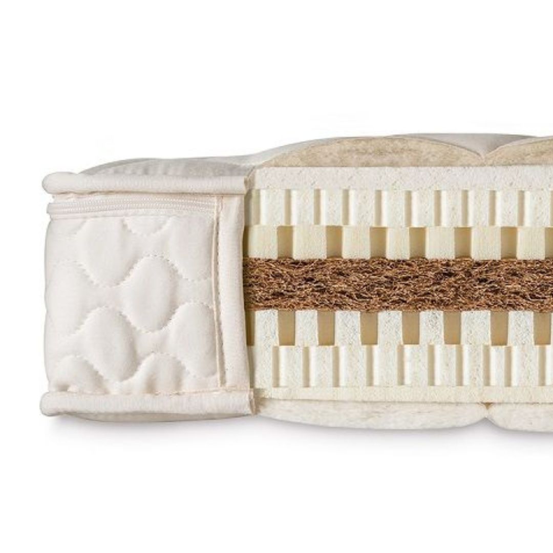 Hoe ziet een kokosmatras er van binnen uit. Een dwarsdoorsnede van het kokosmatras.