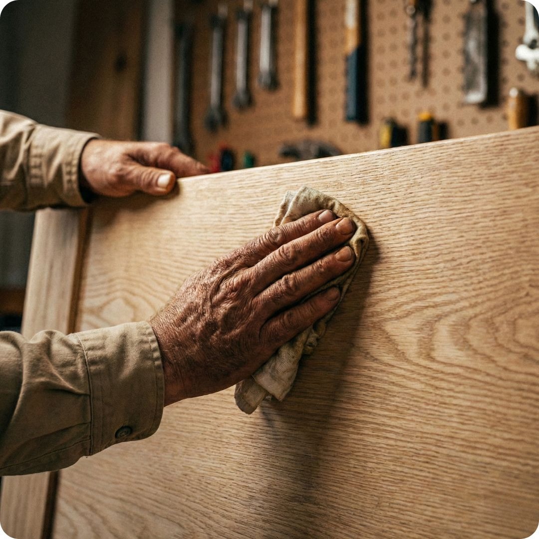 Ambachtsman wrijft een massief houten bed in met natuurlijke lijnolie voor een duurzame en gezonde Japandi slaapkamer, vrij van schadelijke stoffen
