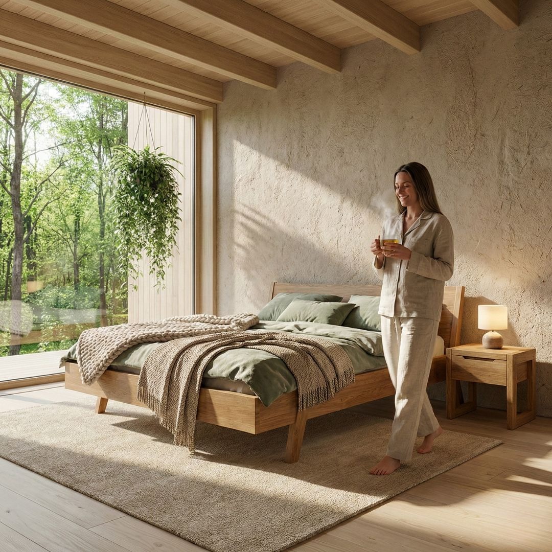 Een metaalvrij massief houten bed in een natuurlijke slaapkamer van Bedaffair