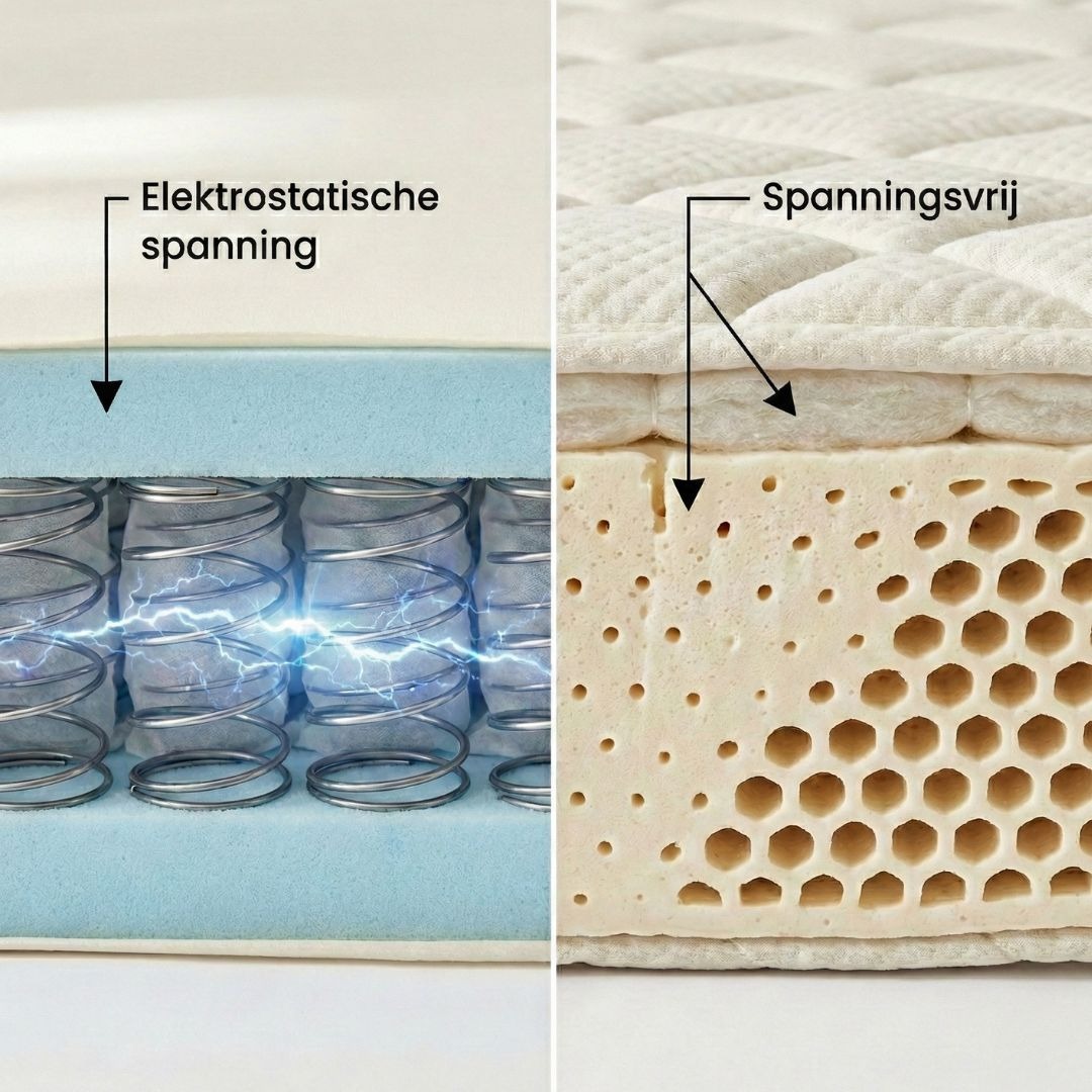 Split screen van een hybride synthetisch matras dat statische elektriciteit op wekt en een spanningsvrij natuurlatex matras met tencel tijk