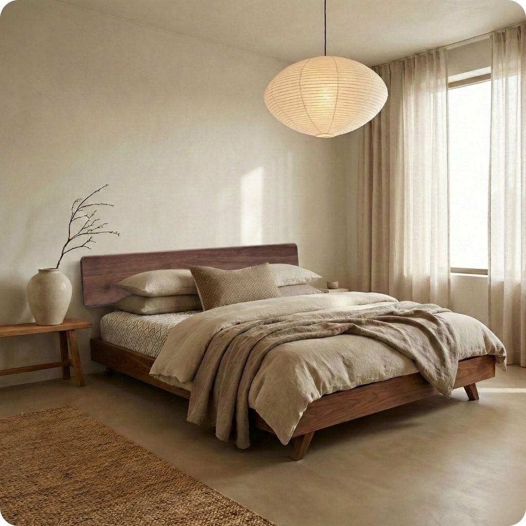 Minimalistische slaapkamer in Japandi stijl met een laag, zwevend massief houten bed van donker Amerikaans notenhout.