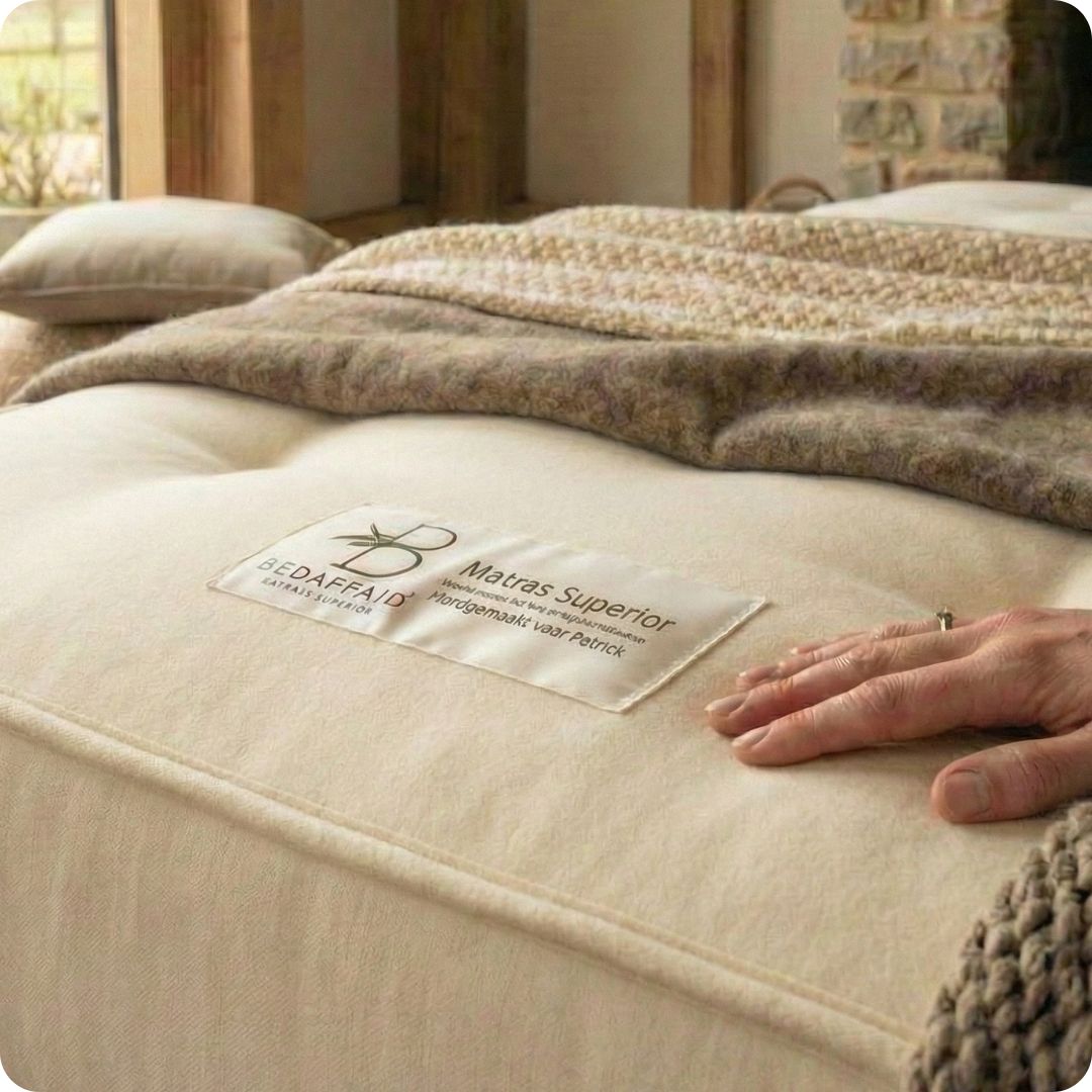 Handgemaakt circulair natuurlijk matras dat speciaal gemaakt is voor jou, het matraslabel heeft jouw naam