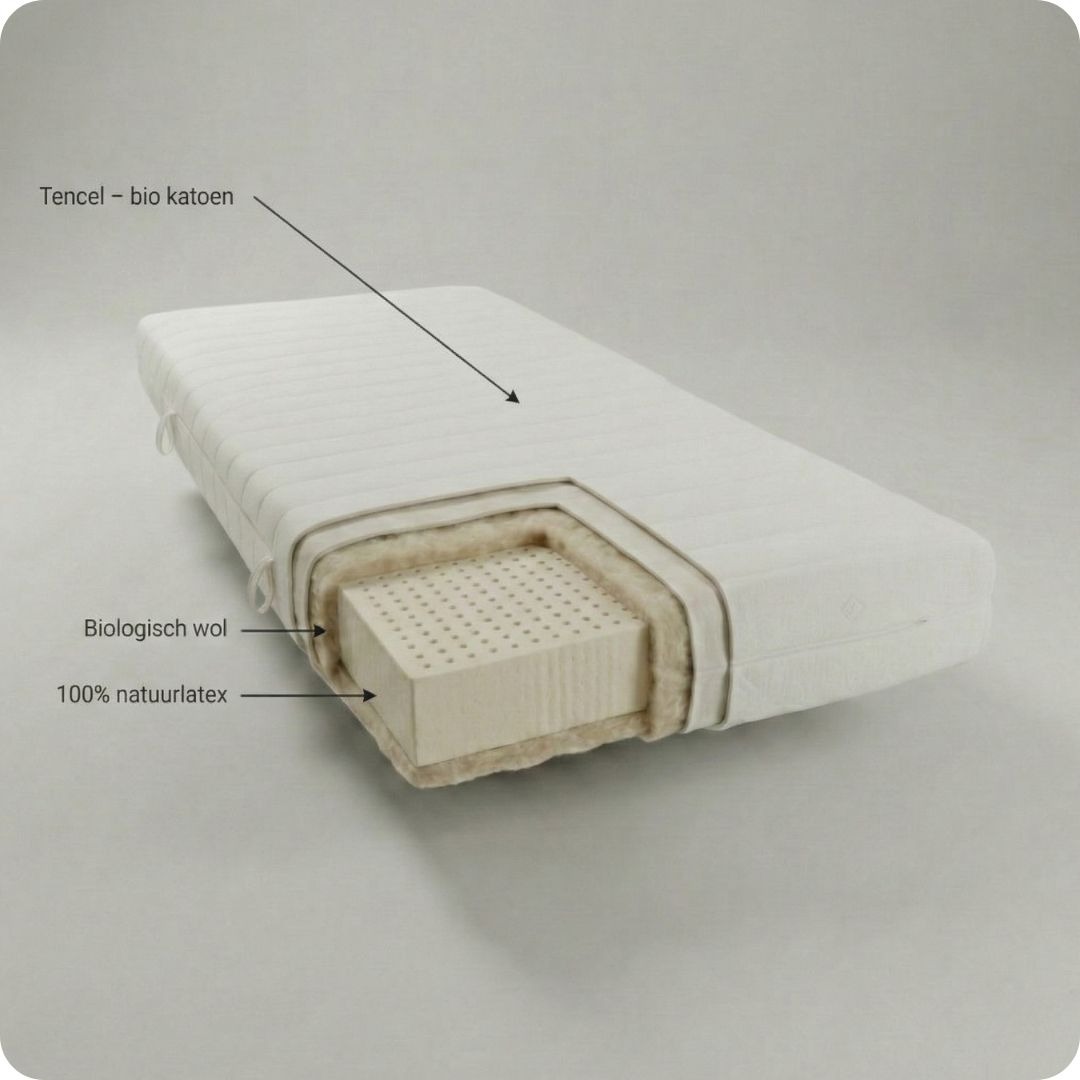 Doorsnede van een 100% gifvrij matras van Bedaffair opgebouwd uit natuurlijke materialen zoals natuurlatex, wol en paardenhaar.