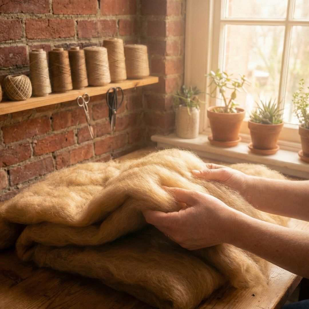 Een foto van de werkplaats waar natuurlijke kameelharen dekbedden worden gemaakt voor Bedaffair. Twee handen houden het zijdezachte en soepele baby kameelhaar vast.