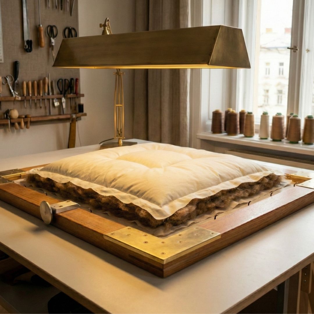 Een ambachtelijke werkplaats waar een klein baby kameelharen dekbed wordt gemaakt. De werkplaats toont gereedschap, en klossen met garen.