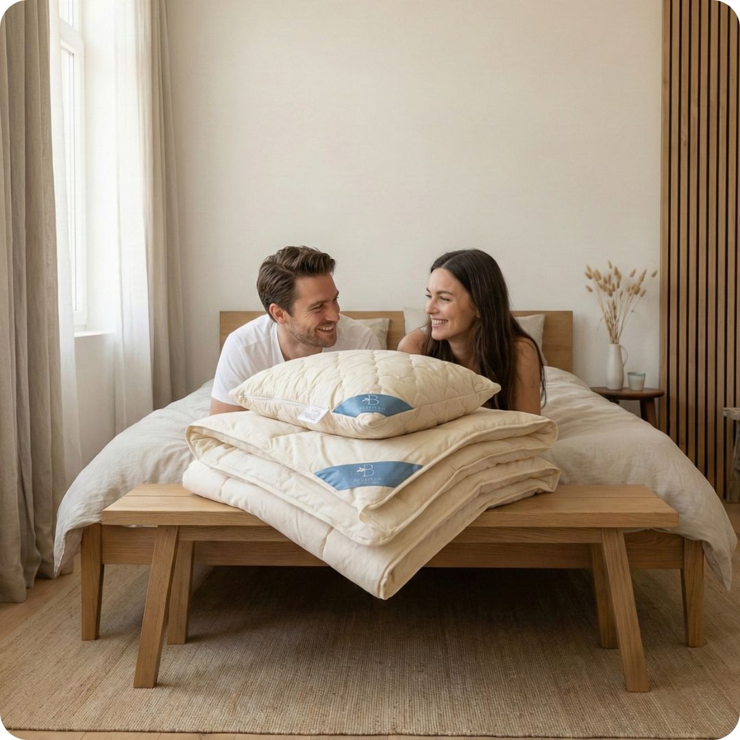 Een jong stel liggen op bed en kijken elkaar blij aan, voor hen ligt een stapel biologische hennep dekbedden en een biologisch hennep kussen van Bedaffair op een houten bankje.