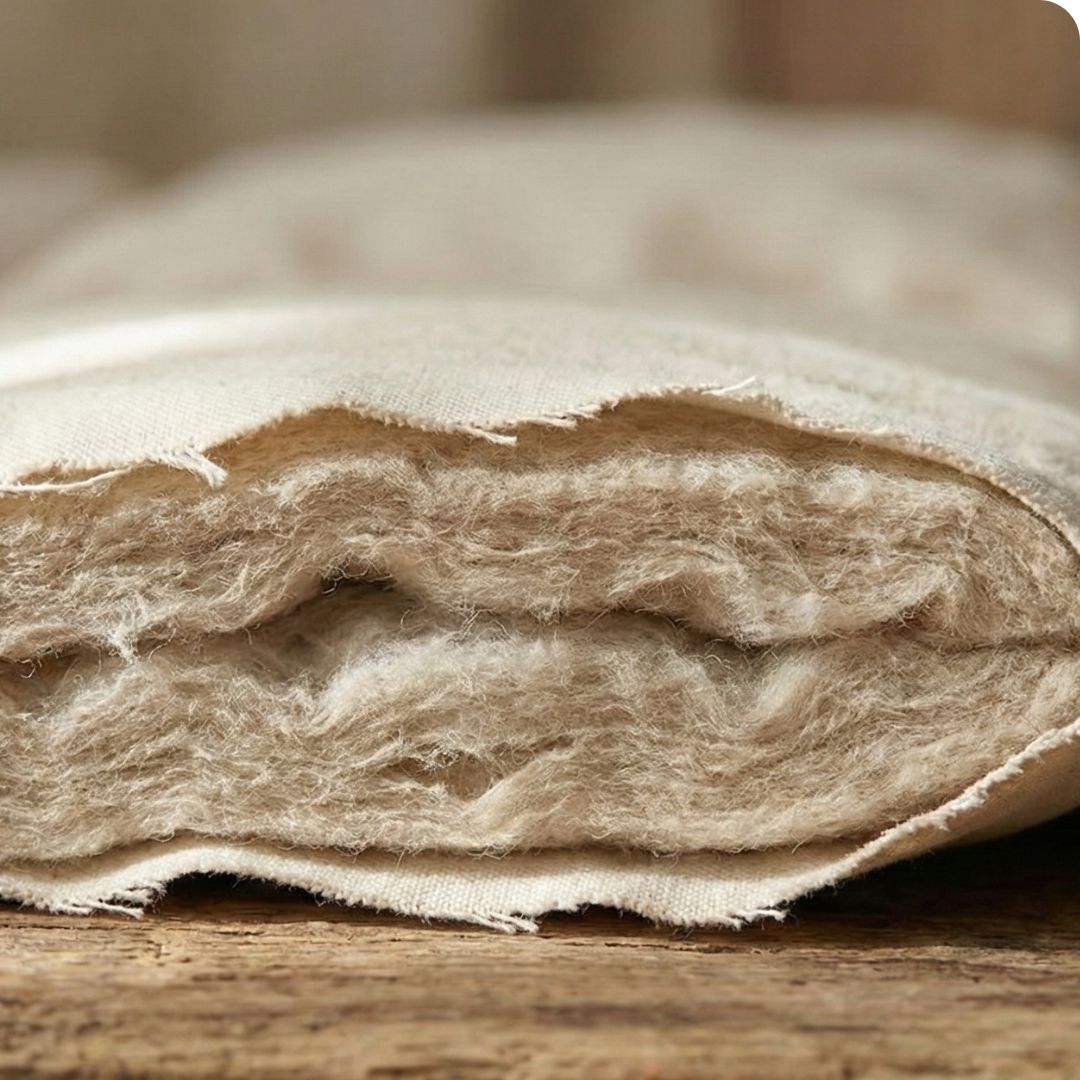 Een doorsnede van een hennep dekbed waar de hennep vulling en de katoenen tijk te zien zijn