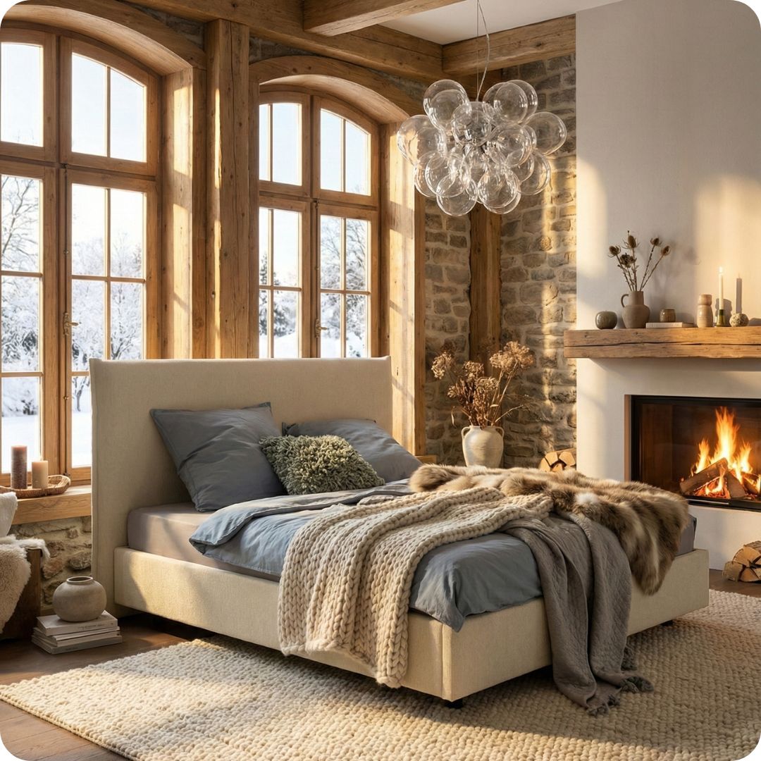 Luxe gestoffeerd bed van Bedaffair met een 100% PFAS-vrije en vuilafstotende meubelstof van gerecyclede schapenwol.