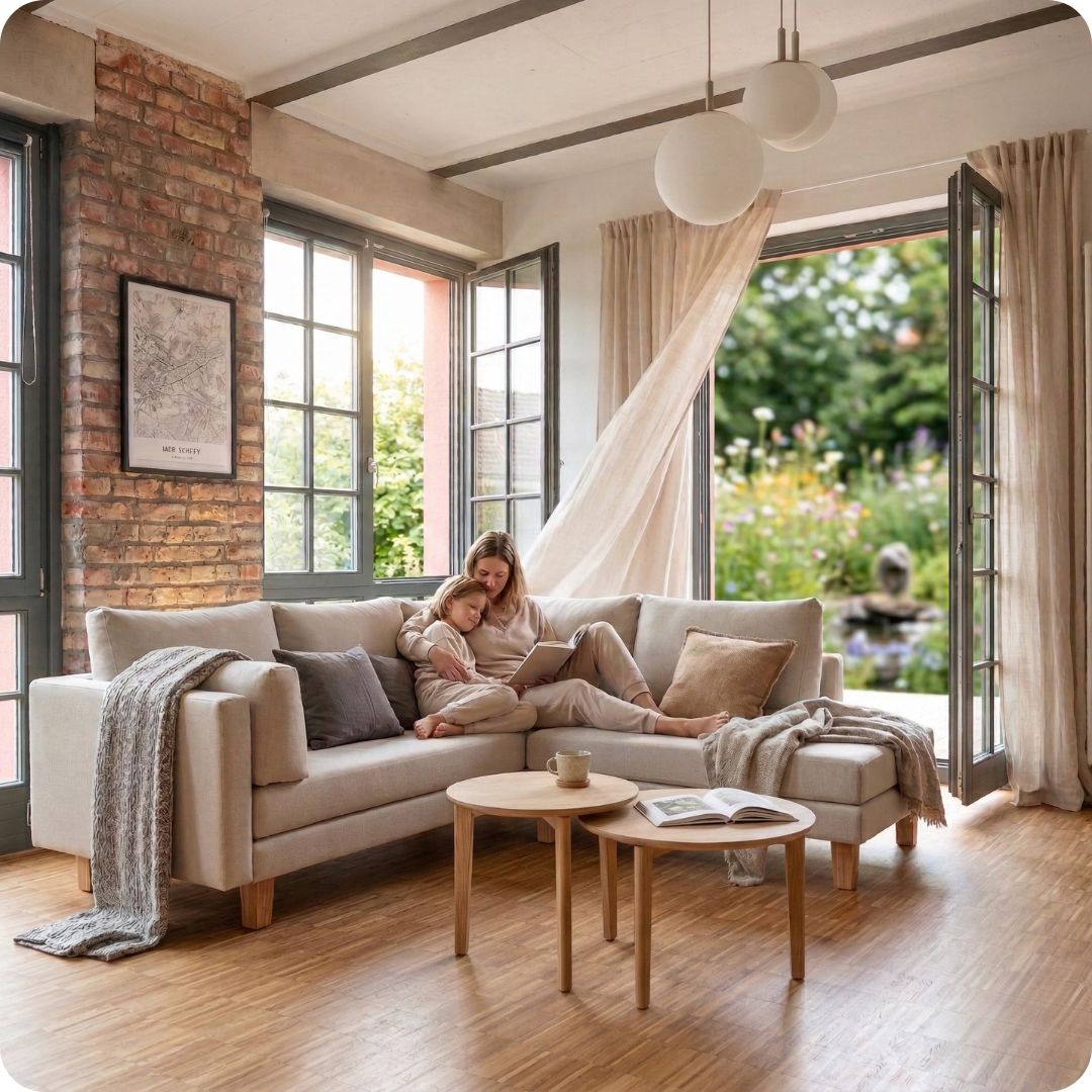 Gestoffeerde hoekbank van Bedaffair met een 100% PFAS-vrije en vuilafstotende meubelstof van gerecyclede schapenwol.